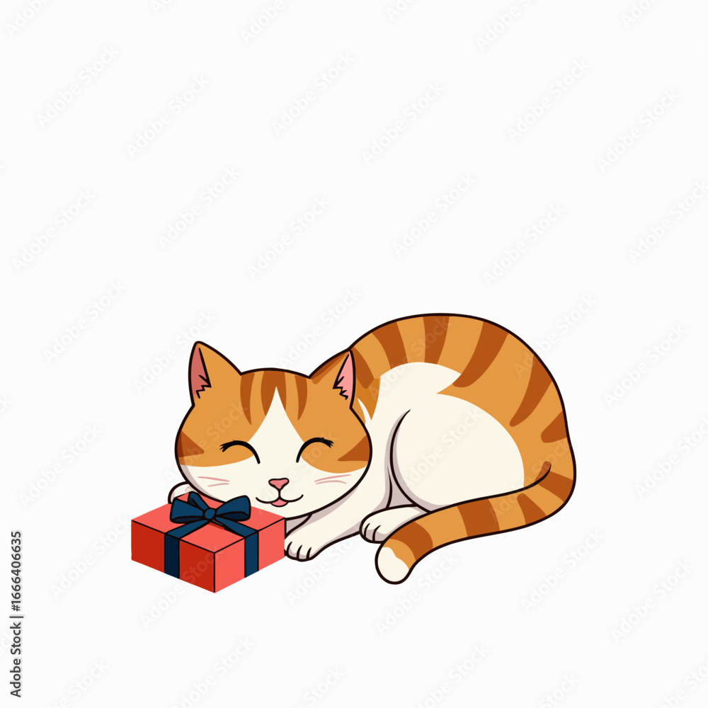 Fototapeta premium Adorable cartoon cat sleeping contentedly next to a small gift box with a blue ribbon accenting its peaceful demeanor in a cheerful and colorful setting