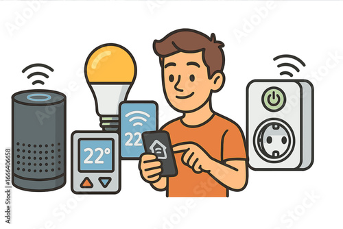 Man controls smart home devices with phone app. IoT concept with speaker, light, thermostat, plug. Home automation for convenience and energy saving. Vector illustration.
