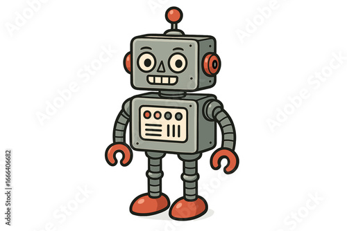 Retro robot character vector illustration. Cute vintage toy bot mascot. Classic sci-fi android with friendly smile. Future technology, AI, cyborg concept for kids. Cartoon.