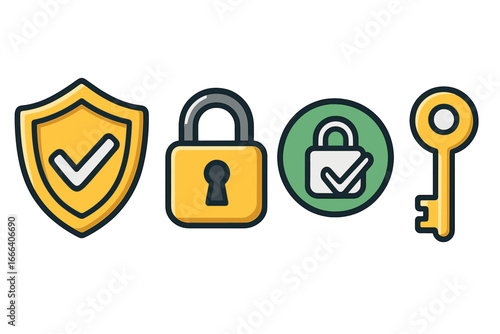 Cybersecurity vector icon set with shield, lock, and key symbols. Digital data protection, privacy, and safety concept. Trust and access control flat cartoon illustration.