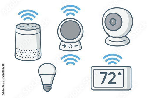 Smart home device icon set. IoT, internet of things. Home automation system with smart speaker, security camera, thermostat, and lightbulb. Wireless connectivity vector.
