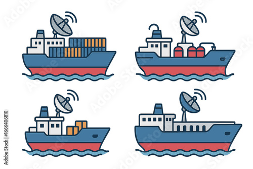 Cargo ship icon set with satellite communication dish. Vector illustration for maritime logistics, freight transport, and global tracking. Container vessel and bulk carrier icons.