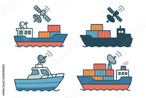 Shipping vessels with satellite communication. Cargo ship, freighter, boat icon set. Maritime transport, logistics, global tracking and navigation technology vector illustration.