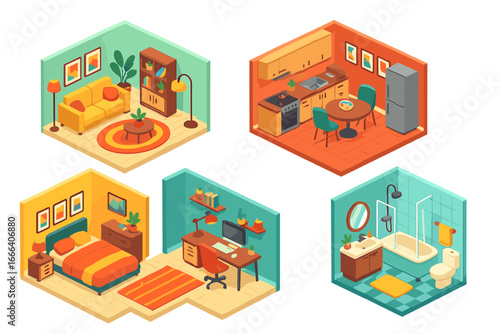 Isometric house interior rooms set. Vector cartoon illustration of apartment furniture. Living room, kitchen, bedroom, home office, and bathroom cutaway design elements.