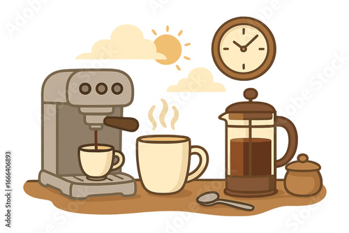 Morning coffee routine concept. Brewing espresso and using a French press at home. Hot beverage for breakfast. Barista equipment for a caffeine boost. Vector flat cartoon illustration.