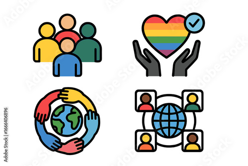 Diverse community icon set. Global connection, teamwork, and acceptance. Vector symbols for social issues, inclusion, equality, human rights, and unity concepts.