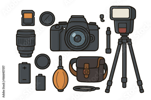 Photography equipment flat lay. Professional photographer gear set with camera, lens, tripod, flash, and accessories. Videography tools. Vector cartoon icons collection.