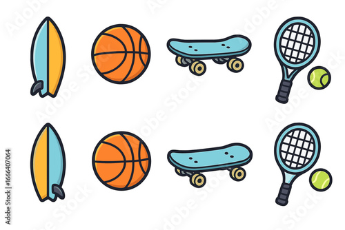 Set of sport equipment icons. Surfboard, basketball, skateboard, tennis racket and ball. Active lifestyle concept. Vector illustration for web, sticker, print. Flat cartoon.