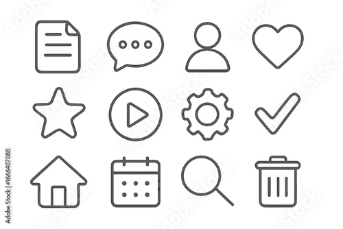 Web and mobile app interface line icon set. Minimalist UI/UX essentials pictograms for website design. Contains symbols like user, settings, home, search, like, play.
