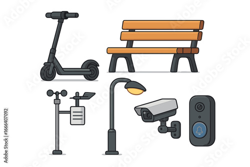 Smart city technology and urban life icons. Electric scooter, park bench, weather sensor, streetlight, CCTV camera, smart bell. Modern city elements vector illustration set.