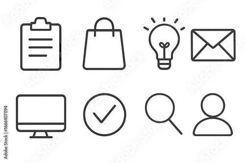 Universal business and web line icon set. Collection of simple pictograms for website and app. Clipboard, bag, idea, mail, monitor, check, search, and user symbols.