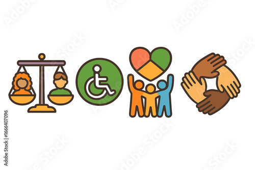 Diversity and inclusion icons. Symbols for equity, accessibility, community, and racial equality. Vector illustration set for social justice and belonging concepts. Teamwork.