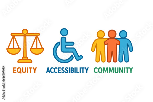 Diversity and inclusion concept with equity, accessibility, and community symbols. Vector icon set with justice scales, disability sign, and diverse people figures.