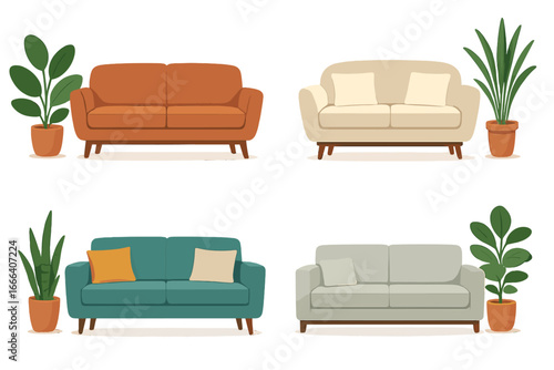 Set of modern sofas and couches with potted house plants for stylish living room interior design. Home furniture and decor collection. Vector cartoon illustration isolated on white.