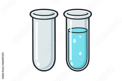 Two laboratory test tubes vector illustration. One empty and one with blue liquid. Science, chemistry, research concept. Medical analysis, experiment, sample, placebo effect.