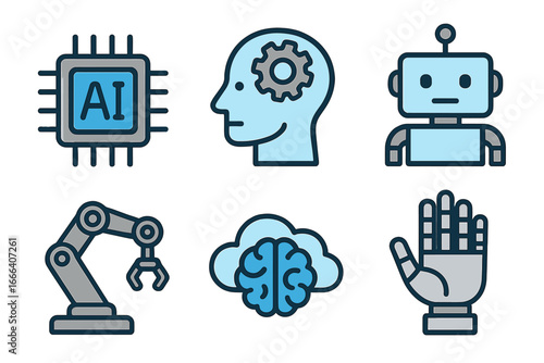 Artificial intelligence icon set. Robotics and machine learning concepts. Future technology symbols like AI processor, robot head, cyborg hand, and industrial automation arm.