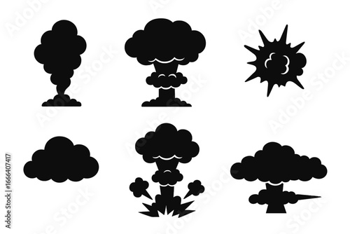 Vector set of black explosion and smoke cloud silhouettes. Atomic bomb, nuclear blast, mushroom cloud, comic boom and puff icons. Symbols of war, power and destruction.