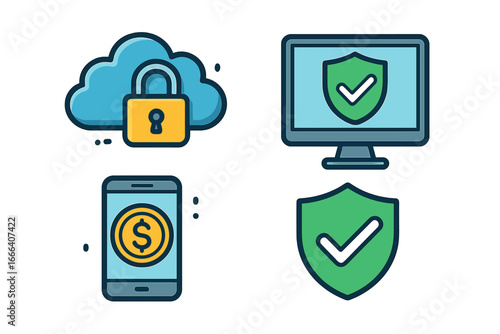 Cybersecurity icon set for data protection and secure digital transactions. Technology symbols of trust, cloud storage safety, mobile banking, and computer antivirus protection.