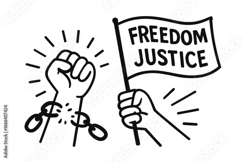 Concept of freedom and justice. Raised fist breaking chains from oppression. Hand holding protest flag. Symbol of liberation, emancipation, anti-racism, revolution, activism.