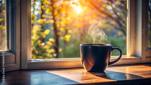 Spring morning coffee ritual with sunlight illuminating cup cozy warm kitchen lifestyle moment  