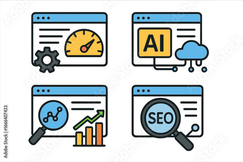 Website optimization and digital engagement vector illustration. Analytics, SEO, artificial intelligence integration, performance speed, cloud computing, business technology cartoon icon set.