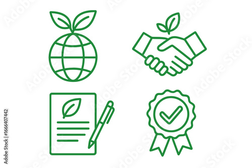 Eco-friendly line icon set. Symbols for sustainability, green business deal, environmental agreement, and quality certification. Vector graphic for ecology, conservation, and ESG.