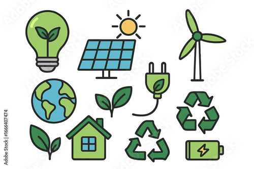 Vector icon set of sustainable and renewable energy symbols. Eco-friendly concepts like solar panel, wind turbine, recycling, and green power for environment conservation.