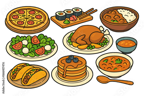 Set of international food icons. Cartoon vector illustration of diverse culinary dishes. Collection includes pizza, sushi, roast chicken, tacos, curry, pancakes, and salad.
