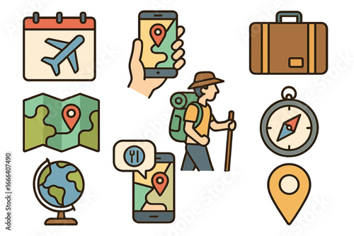 Travel adventure icons set. Vector illustration of trip planning, vacation, tourism, exploration, navigation, hiking, journey, destination, maps, compass, luggage, flight, smartphone GPS