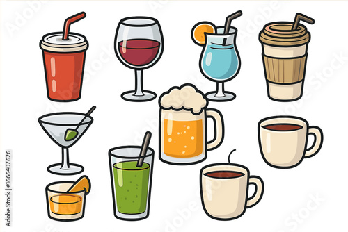 Drink icon set vector cartoon illustration. Collection of beverages for bar or cafe menu. Coffee, tea, beer, wine, cocktail, juice, smoothie, and soda icons isolated.