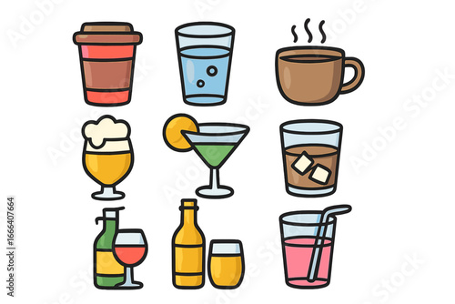 Drink icon set vector cartoon illustration. Colorful collection of various beverages for menu, bar, or cafe. Coffee, tea, water, beer, wine, cocktail, juice icons.