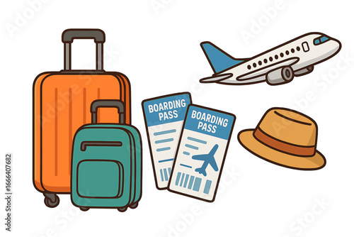 Travel essentials icon set for vacation and journey. Luggage, airplane, and boarding pass for flight. Tourism and adventure concept. Summer holiday trip vector illustration.