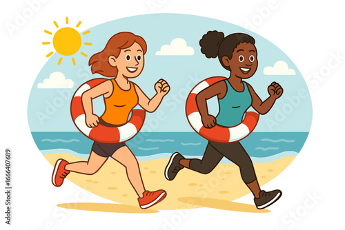 Cartoon illustration of two women jogging with life rings on a sunny beach, active lifestyle, fitness, safety, sportswear, summer activities, outdoor exercise, ocean background, health and wellness.