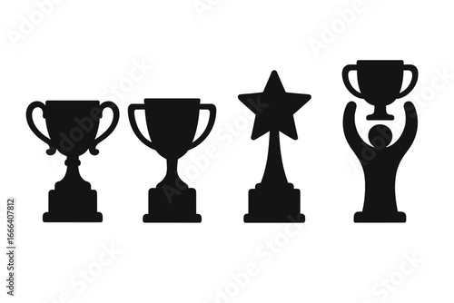 Set of trophy and awards icons. Black silhouette of winner cups, star prize. Champion holding trophy. Concept for success, victory, achievement, competition, celebration.