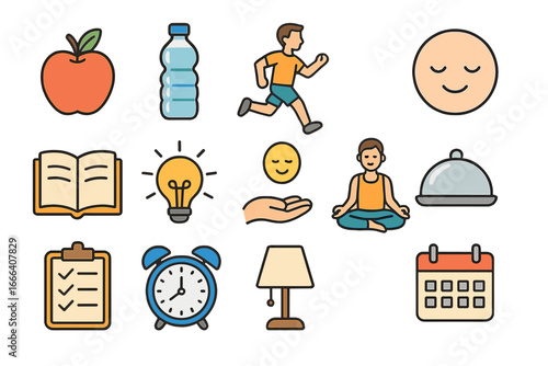 Healthy lifestyle and work-life balance icon set. Wellness, productivity, and self-care routine symbols. Vector icons for health, diet, fitness, yoga, and time management.