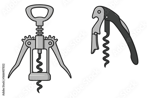 Two corkscrew types, waiter's friend and wing corkscrew. Wine bottle opener tool set for uncorking. Bar equipment, sommelier knife and kitchen utensil vector cartoon illustration.