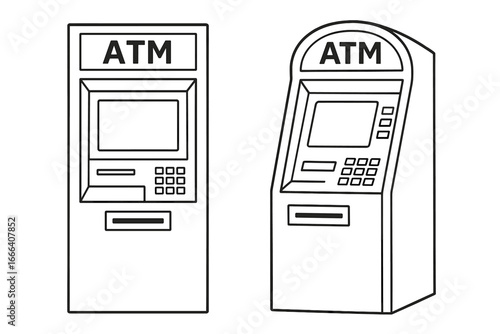 ATM machine vector icon set. Two automated teller machines. Line art, outline illustration. Bank, banking, finance concept. Cash withdrawal, payment terminal, money transfer.