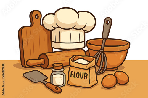 Baking supplies and cooking tools vector cartoon illustration. Chef hat, flour, eggs, and kitchen utensils for bakery or restaurant menu. Pastry cooking concept design.