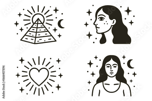 Mystic celestial vector set with pyramid, woman face, and heart. Esoteric spiritual symbols. Magic alchemy icons. Minimalist line art for logo, brand, tattoo, or tarot design.