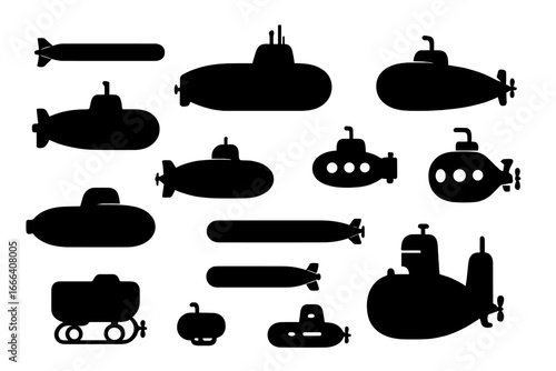 Set of submarine silhouettes, torpedoes, and underwater vehicle icons. Vector graphic collection of military naval transport, deep sea submersibles and ROV for exploration.