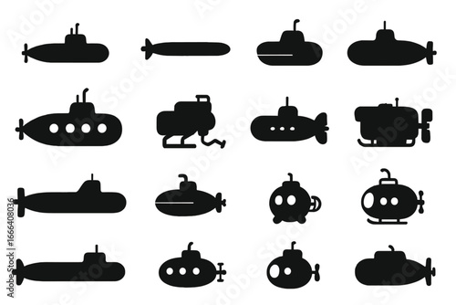 Set of submarine silhouettes, underwater vehicle icons. Collection of various submersibles, ROVs, torpedoes, and military naval U-boats. Flat vector cartoon style.