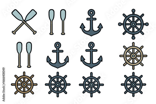 Nautical icon set with oars, anchors, ship wheels. Marine collection for boat and sailing theme. Maritime travel and sea adventure symbols. Vector cartoon steering wheel illustration.