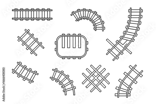 Railroad track construction kit. Railway line elements icon set. Train tracks path collection. Straight, curved and crossing rails. Vector transport infrastructure design elements.