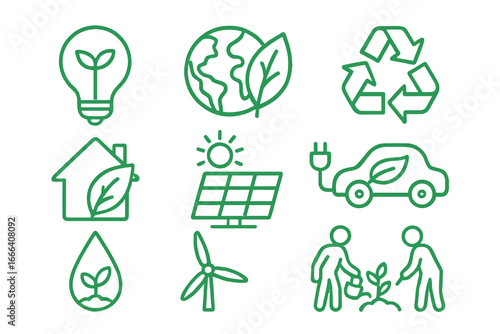 Ecology icon set. Environmental conservation, sustainability, and green energy concepts. Line icons for recycling, renewable power, solar panel, wind turbine, eco friendly car.