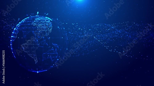 Digital globe using bright blue particles connected through a web structure. Animated futuristic data network, world communication, global connectivity, AI, big data, cybersecurity across continent
