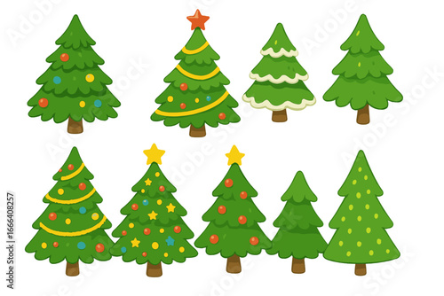 Christmas tree set. Cute cartoon festive Xmas fir trees collection. Vector illustration for holiday winter design. Evergreen pine with decoration, star and snow. Happy New Year.