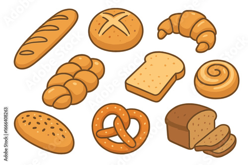 Cartoon bread and pastry collection. Vector set of bakery food icons including baguette, croissant, pretzel, challah, loaf, and roll. Isolated baked goods for culinary design.