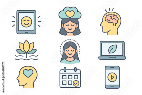 Mindfulness and Mental Wellness Digital Icon Set. Cartoon Vector Illustrations of Meditation, Online Therapy, Self-care Activities, Positive Psychology, Healthy Lifestyle, Emotional Balance Concepts.