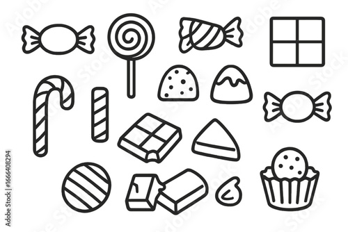 Candy and Chocolate Vector Set. Outline Icon Collection of Sweets, Chocolate Bars, Lollipops, Bonbons, Candy Cane, Cupcake, Truffle. Hand-drawn Line Art for Graphic Design, Packaging, and Decoration