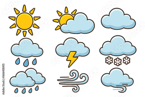 Cartoon vector weather icons set in bright colors isolated on white background. Sun, clouds, rain, snow, wind, thunderstorm, meteorology forecast symbols, climate conditions, clipart illustration.